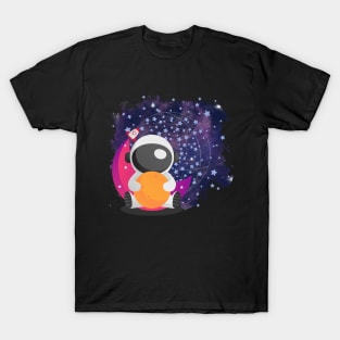 Cute Astronaut on a Pink Moon Space Travel Rocket Stars T-Shirt